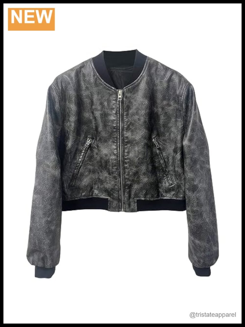 Vintage Grey Sheepskin Bomber Jacket Cropped Zip-Up Short Loose Casual Genuine